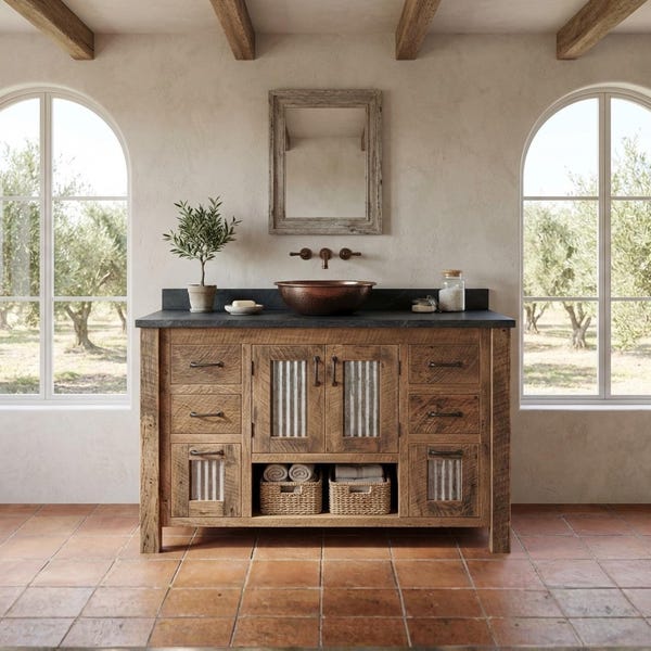 Rustic Bathroom Vanity (48") - Reclaimed Barnwood w/Tin Doors #2094
