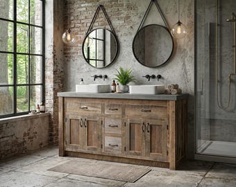 Rustic Bathroom Vanity | Double Sink, Reclaimed Barnwood w/Paneled Doors  #4400