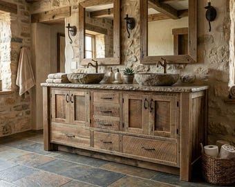Rustic Bathroom Vanity - Double Sink, Reclaimed Barnwood w/Paneled Doors  #7001