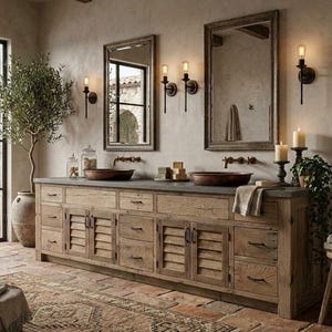 Rustic Bathroom Vanity | Double Sink - Reclaimed Barnwood w/Louvered Doors (Natural Patina) #1311