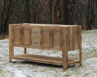 Handmade Rustic Bathroom Vanity (60") - Dual Sink, Reclaimed Barn Wood Vanity  #8843