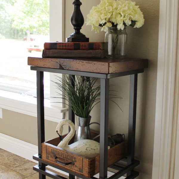 READY TO SHIP - Metal / Industrial Side Table (28" High) - Rustic Reclaimed Barn Wood Top