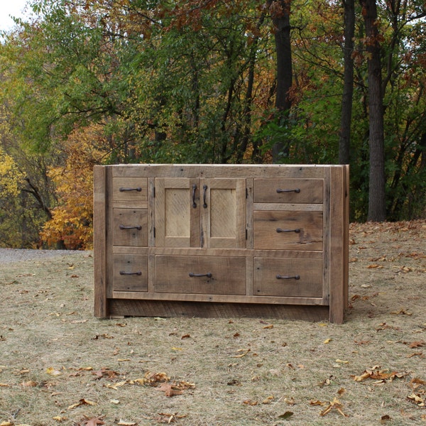 Handmade Rustic Bathroom Vanity (52") - Reclaimed Barn Wood w/Paneled Doors (Natural Patina)  #1291