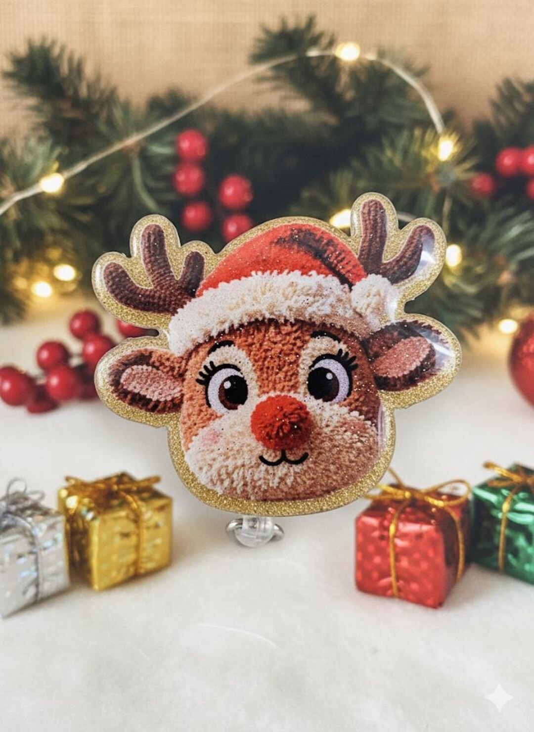 Rudolph the Red Nose Reindeer Badge Reel: Glitter Resin Topper - Etsy