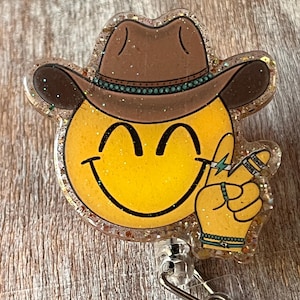 Cowboy Smiley Face badge reel / badge reel / glitter badge reel / nurse gift / student gift