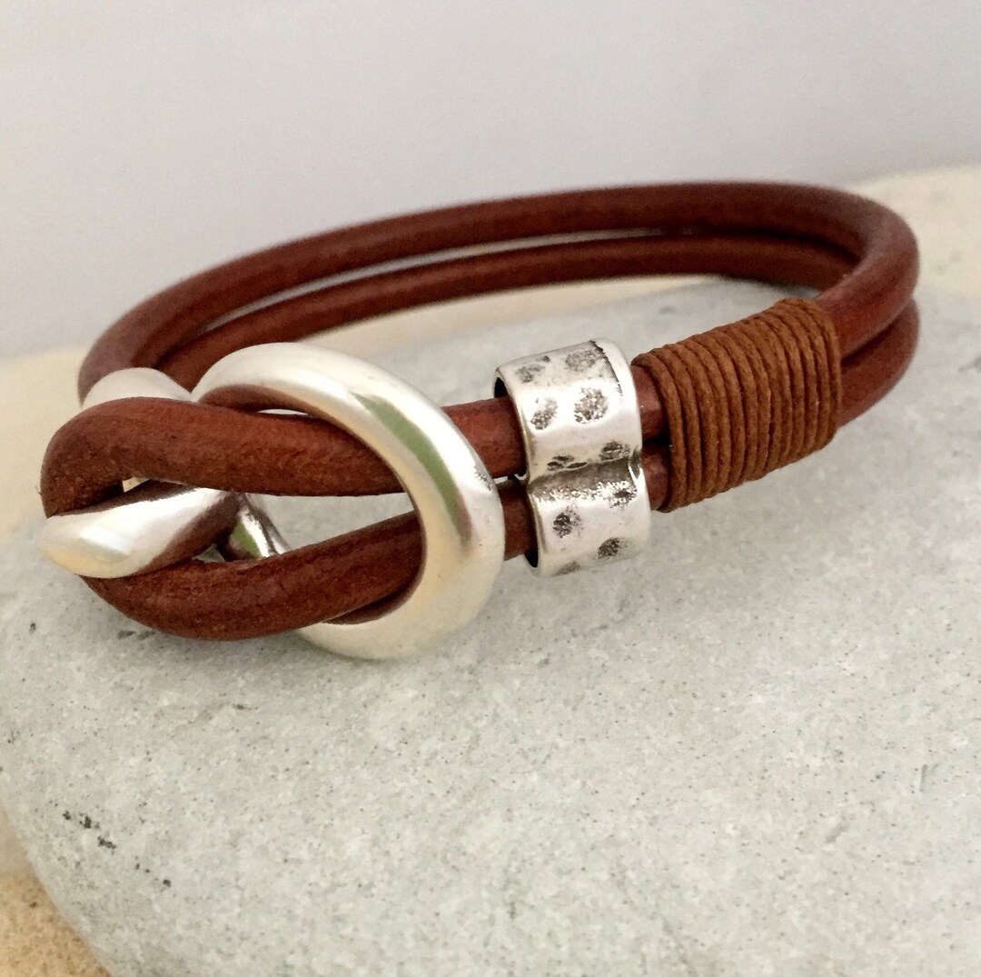Leather Bracelet With Silver Hook Clasp and Hammered Silver - Etsy