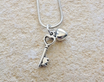 Personalised Silver key necklace with heart charm on silver snake chain, gift for her, jewellery, accessory, handmade, gift, gifts, Christma