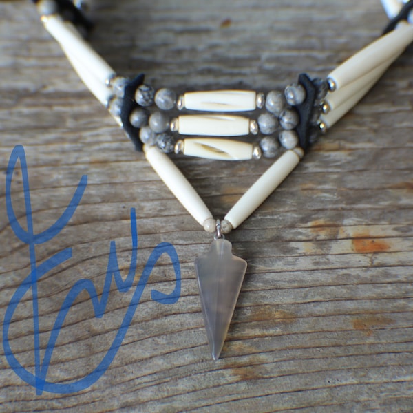 Native American Choker w/ Grey Agate Arrowhead Cherokee made William Lattie comes w/ Certificate of Authenticity FREE US SHIPPING