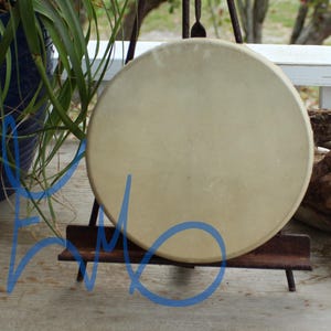 May include: A round, light tan drum head is displayed on a small, dark brown easel. The drum is the focal point, with a natural, textured surface. The background includes greenery in a blue pot and a weathered wooden surface.