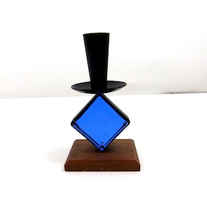 Vintage Bo Svensk Erik Hoglund Teak Base Iron Blue Glass Candle Holder Sweden Scandinavian Glass