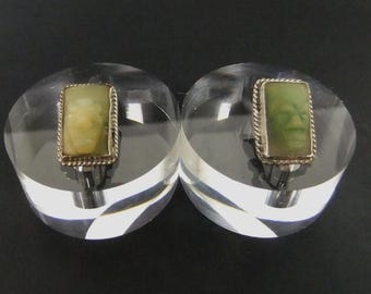Old Mexican Silver and Jade Screw On Earrings Warrior Face