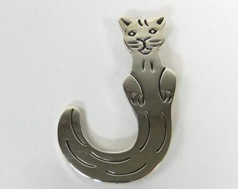 Vintage Long Tailed  Sterling Silver Cat Pin Mexico