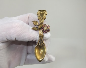 Vintage Coro Spoon Brooch Pin with Rhinestone Flower