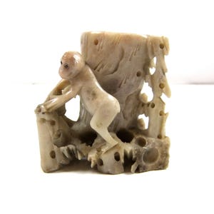 Vintage Soapstone Carving Monkey Bird Seagull Toothpick or Match Holder