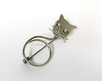 Vintage Abstract Sterling Silver Cat Pin Mexico