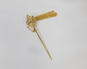 Hair Pin Style Pin/Brooch Gold Tone With Dangle Chains and Clear Rhinestones
