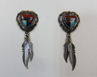 Heart Shaped Southwestern QT Quac Turquoise Inlaid Mosaic Sterling Silver Earrings