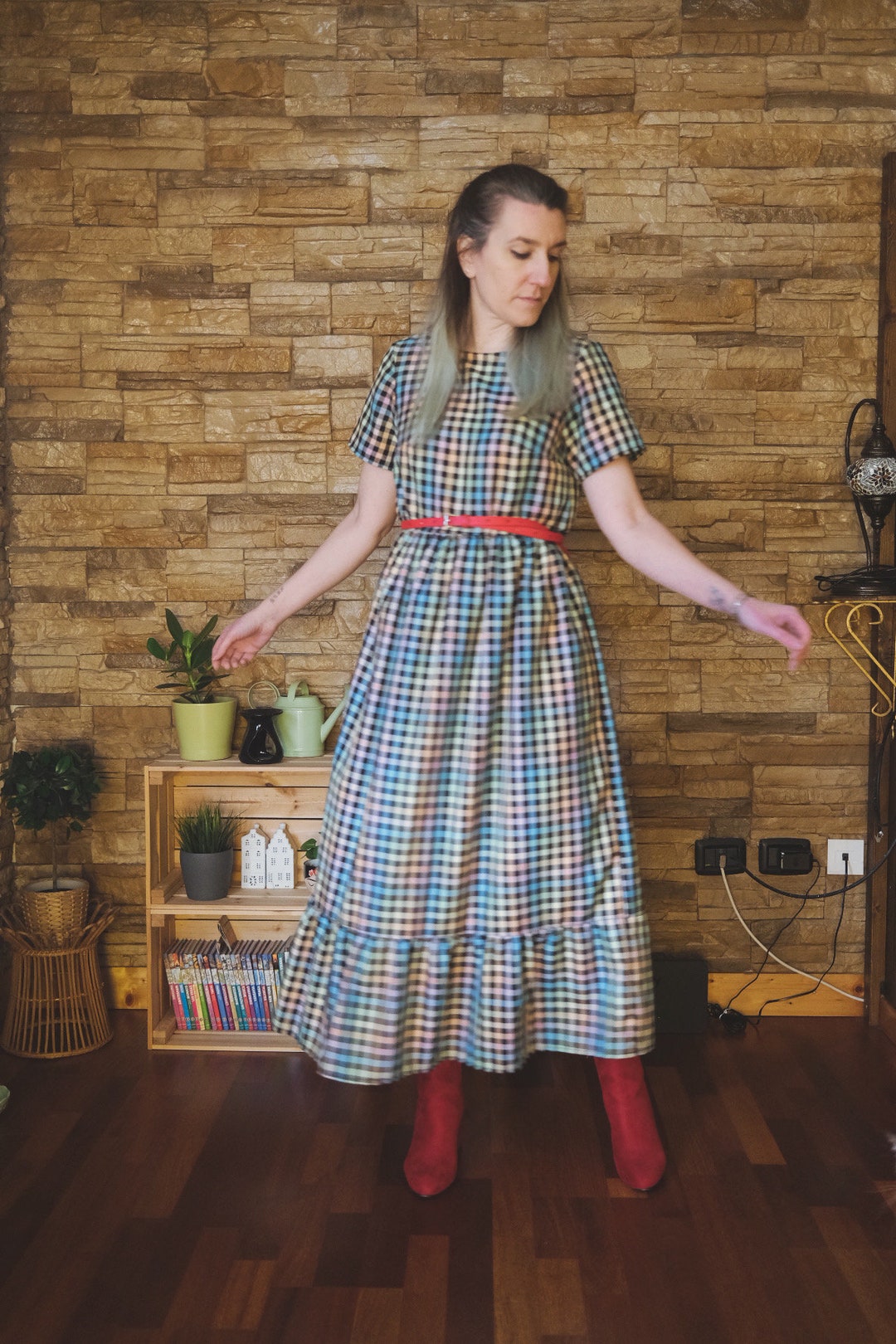 Buy Eveline Dress // Abito Con Balza in Cotone Vichy Arcobaleno Online in  India