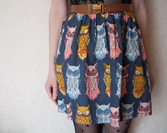 Owls nightfall bird skirt // Gonna in cotone con gufi