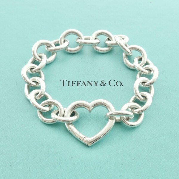 Authentic Tiffany & Co. Heart Clasp Bracelet Sterling Silver Heart HingeClasp Link Bracelet