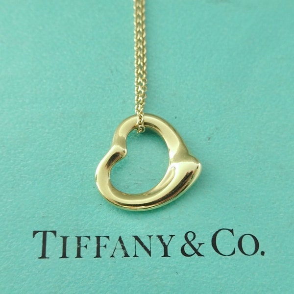 Authentic Tiffany & Co Elsa Peretti Open Heart Necklace 16mm Yellow Gold 18K Pendant Necklace