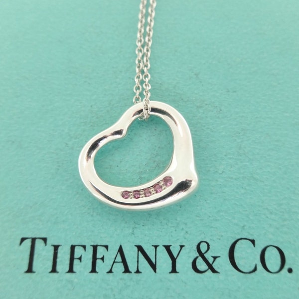 Authentic Tiffany & Co. Elsa Peretti Sapphire Open Heart Necklace Sterling Silver Five Pink Sapphires 16mm Pendant Necklace