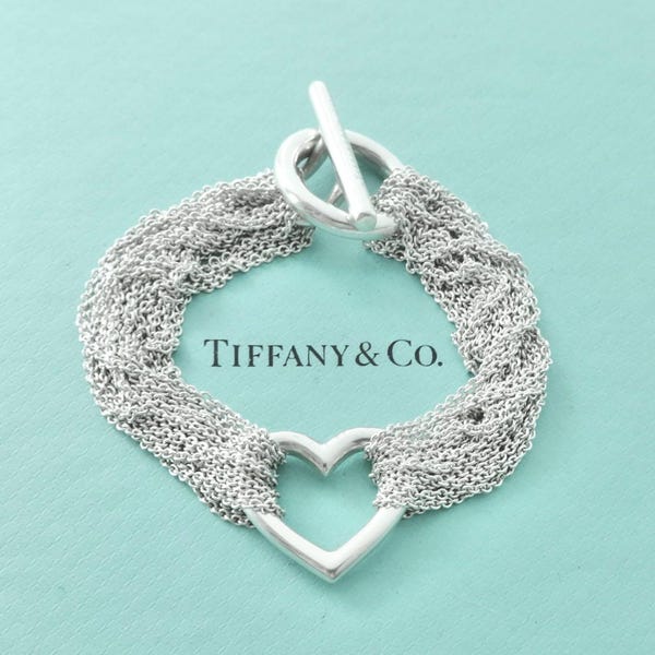Authentic Tiffany & Co Heart Chains Bracelet Sterling Silver Mesh Heart Toggle Clasp Bracelet