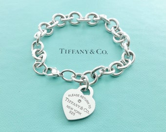 Tiffany & Co Silver Heart Key Hole Locks Bracelet Bangle Link 7.75 Inches  Gift