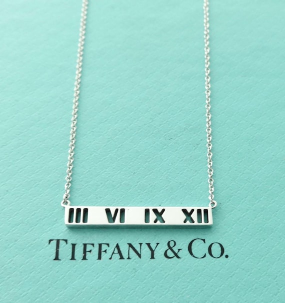 Tiffany Co. Atlas Bar Necklace Sterling Silver Horizontal Roman Numerals Pierced Bar Pendant Necklace