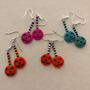 Jack O Lantern Pumpkin Halloween Beaded Colored Turquoise Dangly Earrings