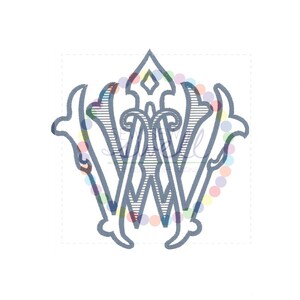 May include: A blue monogram with the letter "W" in a decorative, stylized font. The letter is surrounded by a decorative frame with a pointed top.