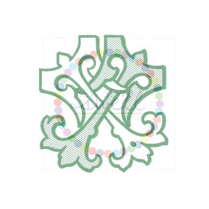 May include: A green monogram initial with a decorative floral design. The letter is stylized with a flourish and intricate details.