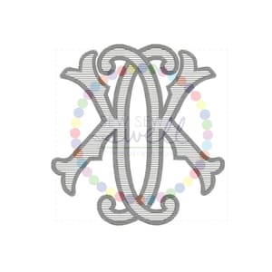 May include: A monogram initial with the letter "K" in a decorative script font. The letter is gray and has a striped pattern. The monogram is suitable for embroidery or other craft projects.