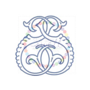 May include: A blue monogram initial with a decorative floral design. The letter is a stylized "S" with a flourish.