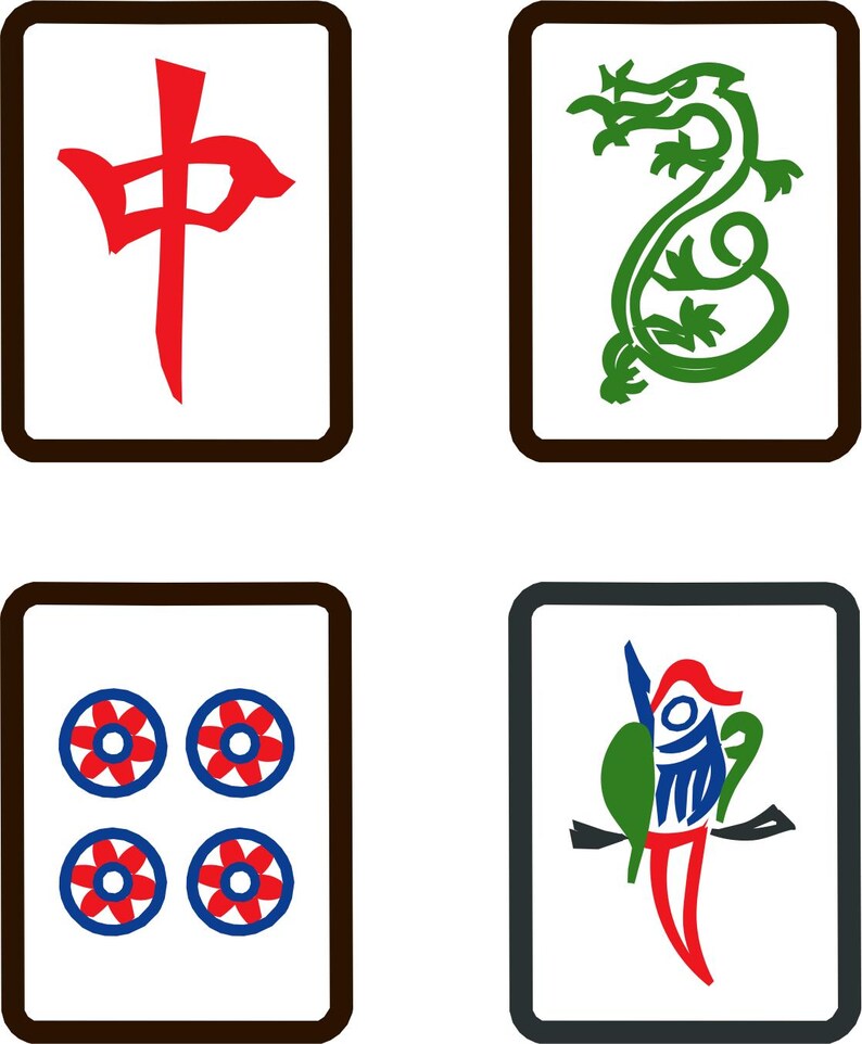 Puede incluir: Cuatro fichas de domin&oacute; chinas, o azulejos, con diferentes s&iacute;mbolos. La primera ficha tiene un car&aacute;cter chino rojo, la segunda ficha tiene un drag&oacute;n verde, la tercera ficha tiene cuatro c&iacute;rculos rojos con centros azules, y la cuarta ficha tiene un p&aacute;jaro verde, azul y rojo.