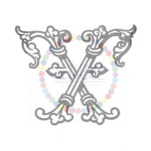 May include: A gray embroidered design of the letter X formed by two crossed keys with ornate handles.