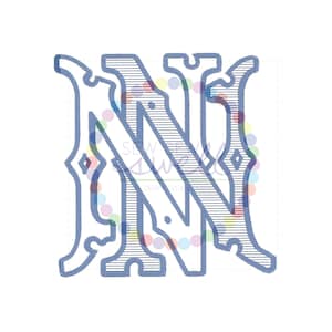 May include: A blue monogram initial "N" with a decorative, vintage style. The letter is outlined in a darker blue and has a striped pattern.