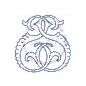 May include: A blue monogram initial letter S with a decorative floral design. The letter is outlined in blue and has a white background.