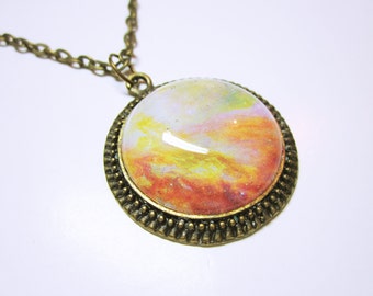 NECKLACE JEWELRY Abstract Art Pendant Beautiful Sunset Hues Round Antique Gold Abstract Art Pendant With Matching Chain Gift Idea For Her