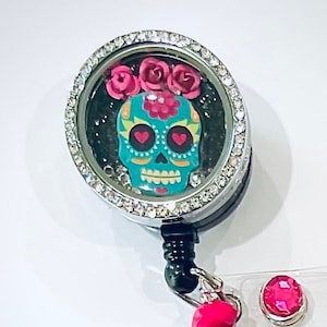 Sugar Skull Locket Badge Reel - Dia de Los Muertos  Badge reel -