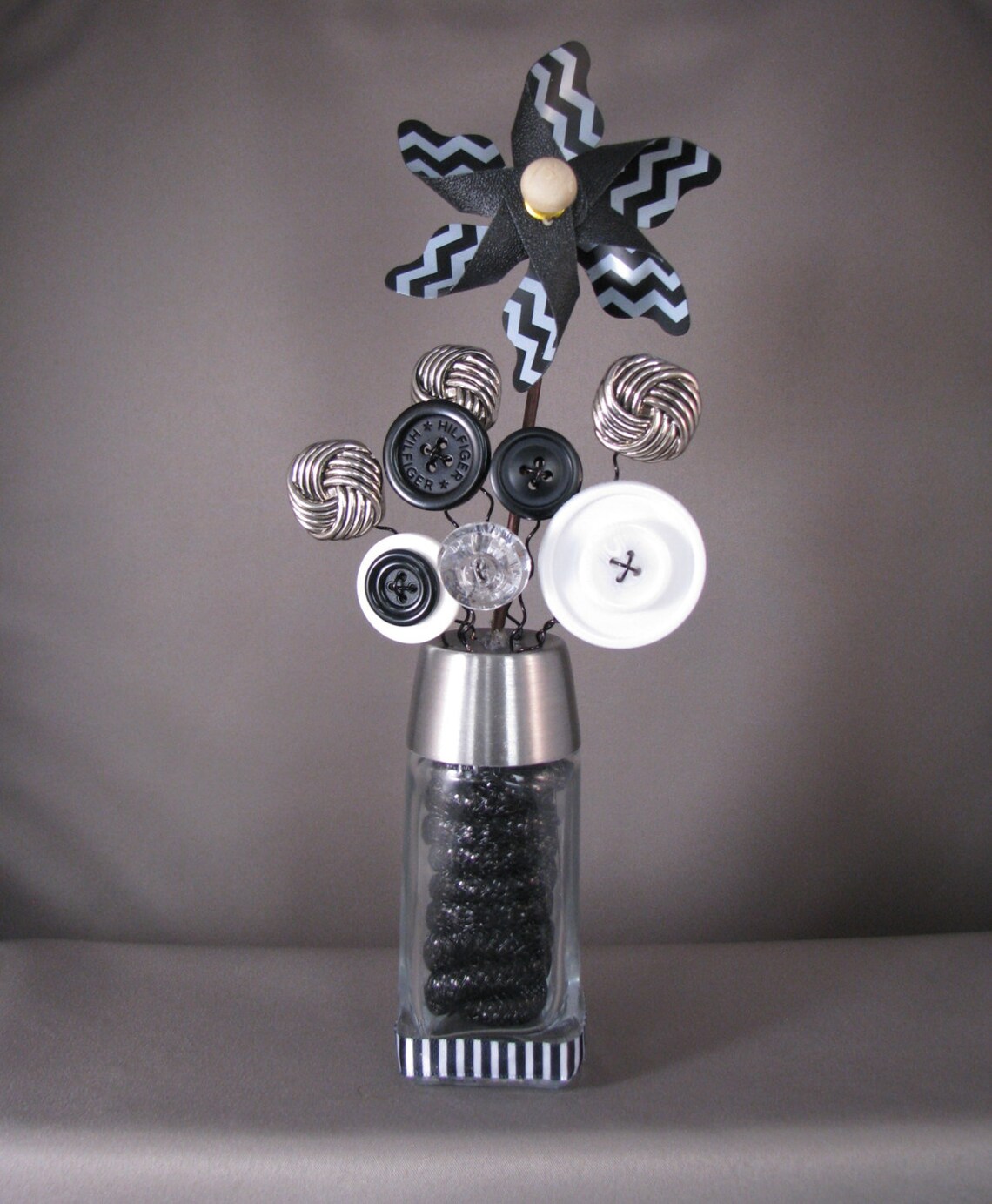 Button Bouquet Salt Shaker Buttons Black White Silver Pinwheel Salt Shaker Button Bouquet Button