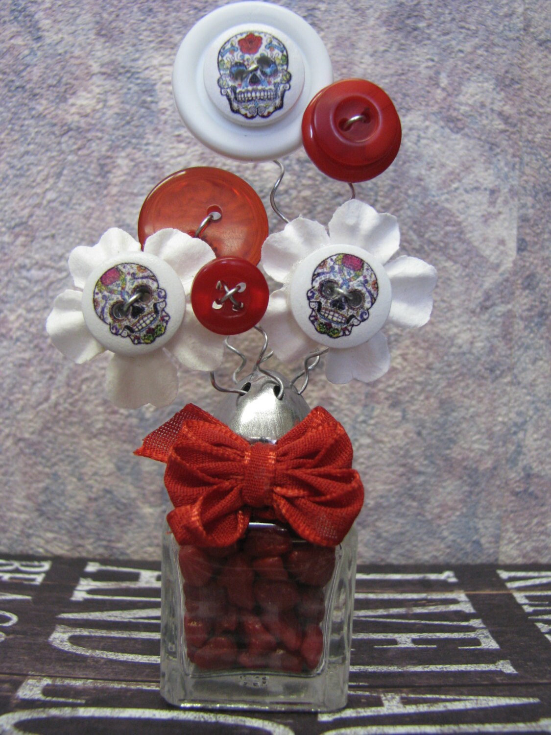 Button Bouquet Salt Shaker Button Flowers Red Sugar Skull Day Etsy