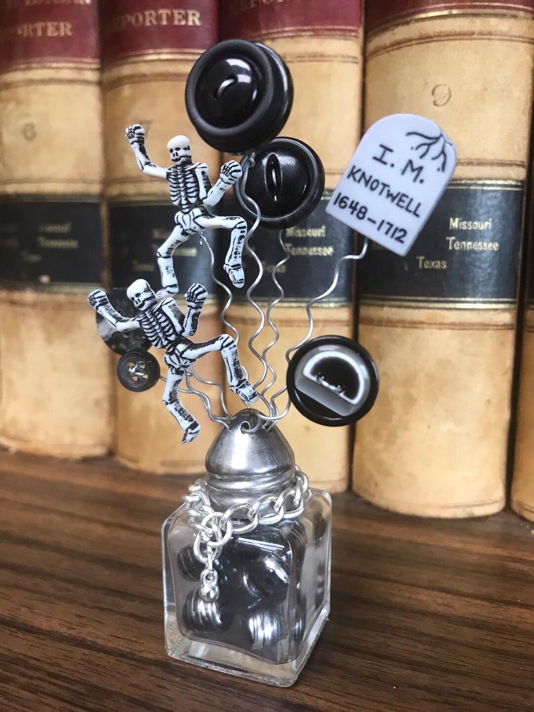 Halloween Salt Shaker Button Bouquet October Black White Skeleton Bones