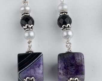 Purple Agate, Faceted Black Onyx and Pearl Handmade Statement Earrings