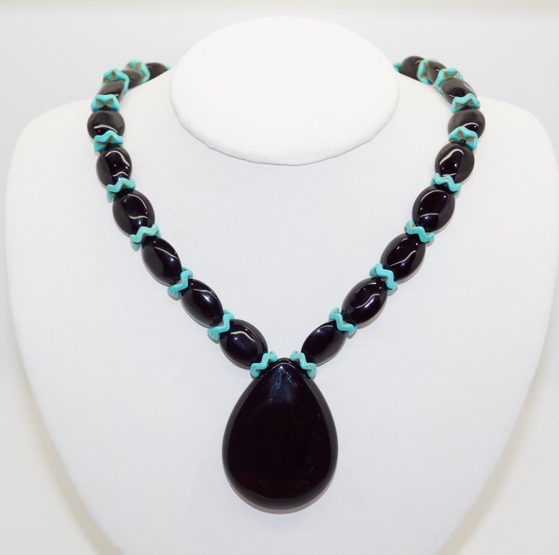 Black Onyx and Turquoise Sterling Silver Pendant Handmade Statement Necklace Etsy
