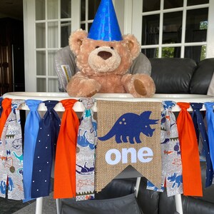 Highchair Banner, Dinosaur 1st Birthday, Smash Cake, First Birthday Photo Prop, navy, blue, orange and gray, I am one high chair decor