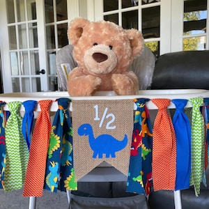 High Chair Banner, Dinosaur 1/2 Birthday, Smash Cake, Half Birthday Photo Prop, navy, blue, orange and lime green