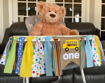 High Chair Banner, Wheels on the Bus 1st Birthday, Smash Cake, First Birthday Photo Prop, fabric banner, school bus, any age