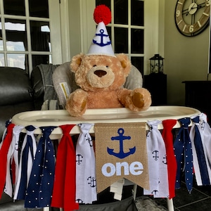 High Chair Banner, Nautical 1st Birthday Party, Smash Cake, First Birthday Decor and Photo Prop, Anchor, navy red and white, any age