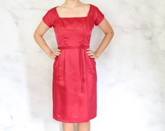 1960s Wiggle Dress Size Medium 60s Hot Pink Satin Dress with Square Neckline 28 Waist